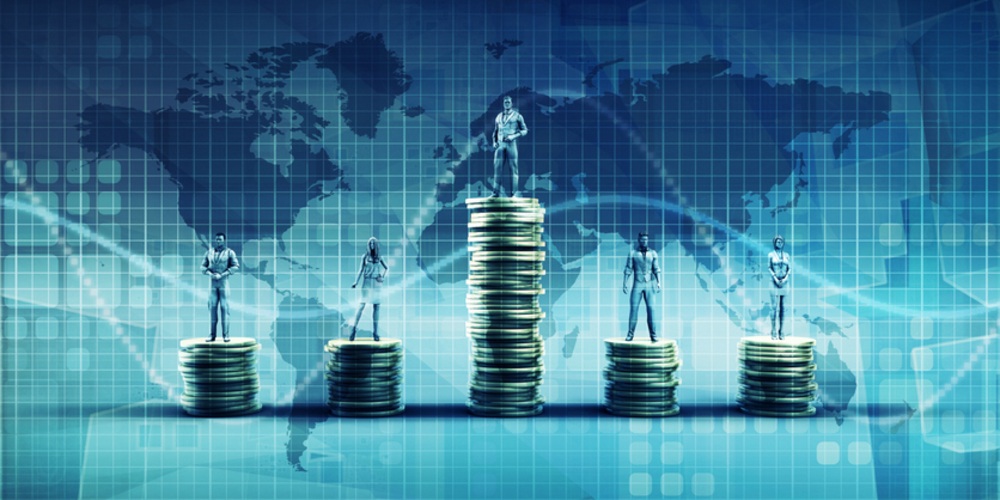 Composite image illustrating technological disruption with human figures standing on different coin-stacks.